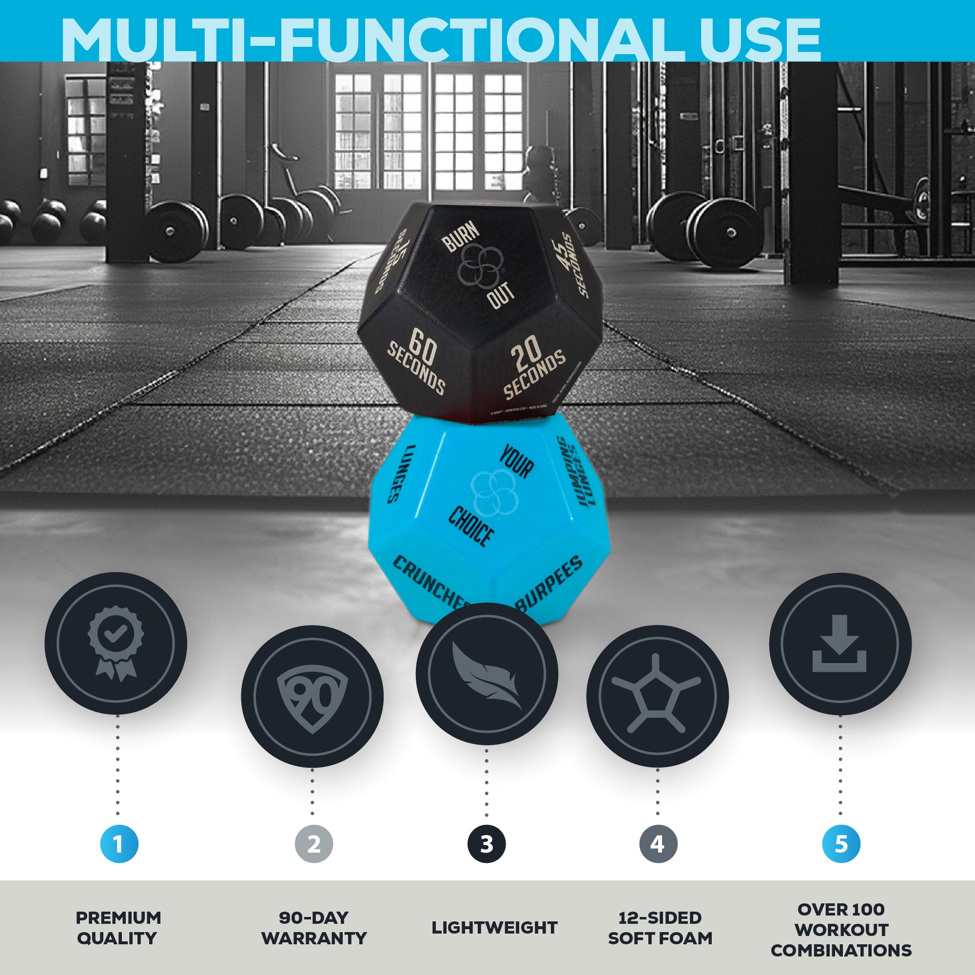 bosu-exercise-dice-set-2-dadi-12-facce-in-schiuma-con-borsa image 2